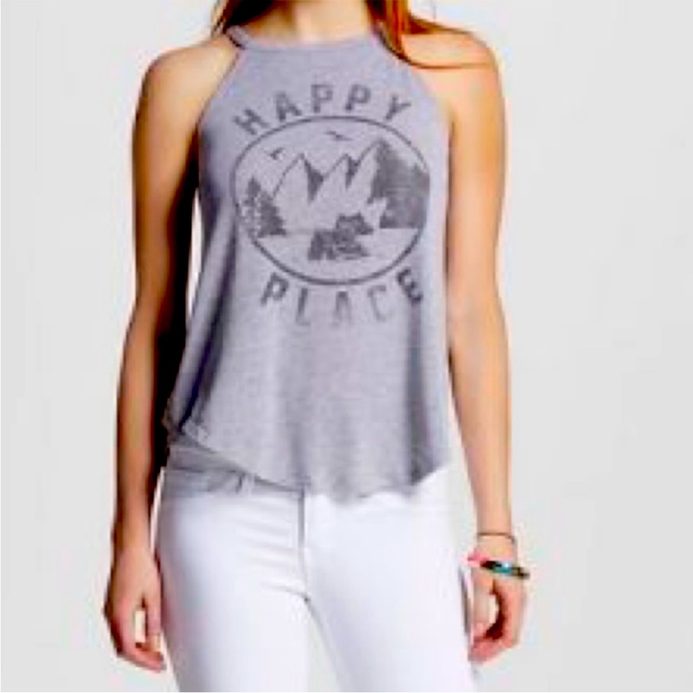 Happy place mountains , gray scoop neck flow-y tank .